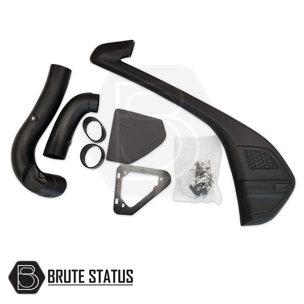 Ford Ranger 2011-2015 T6 Pre-Facelift Snorkel Raised Air Intake, featuring a durable black plastic tube with mounting hardware and metal brackets for optimal performance.