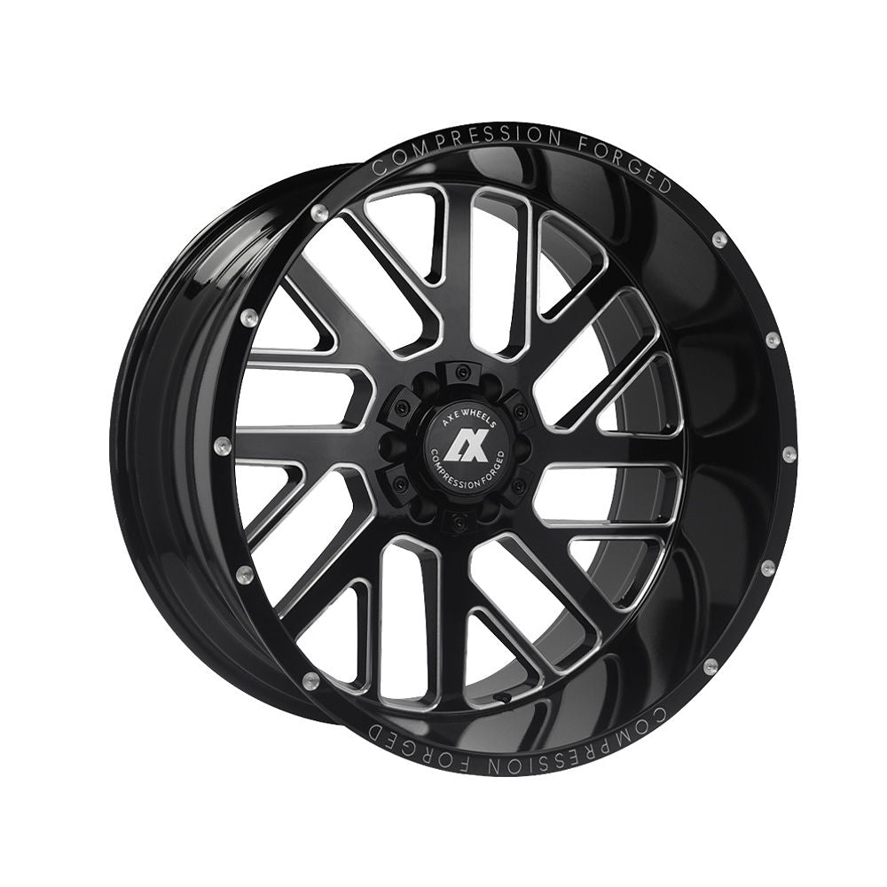 AXE Wheels AX2 with black rim, white spokes, showcasing intricate logo detail, designed for customization in pick-up truck accessories.