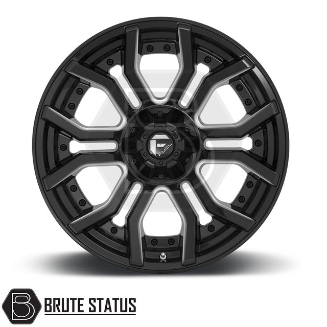 Fuel Rage Wheels with black rim and white spokes, designed for pickup truck customizations. Size 20x9, PCD 6x139.7, set of four.