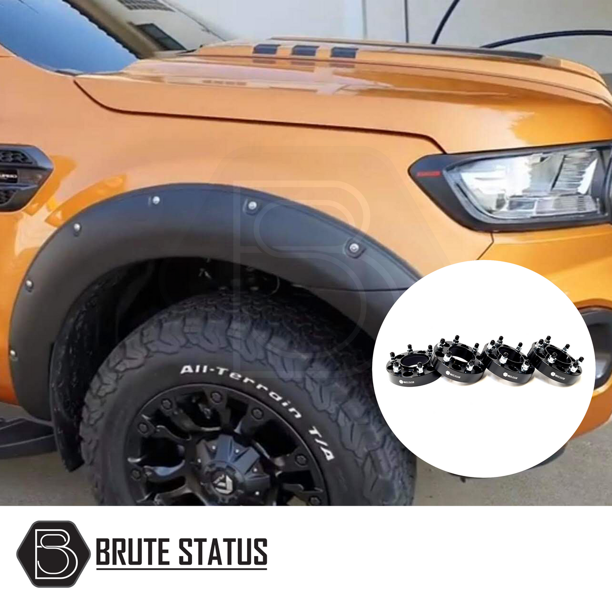 Close-up of Ford Ranger 2019-2022 T8 Wide Arch Kit with riveted style and Park Assist, featuring 35mm wheel spacers for enhanced stability and aggressive look.