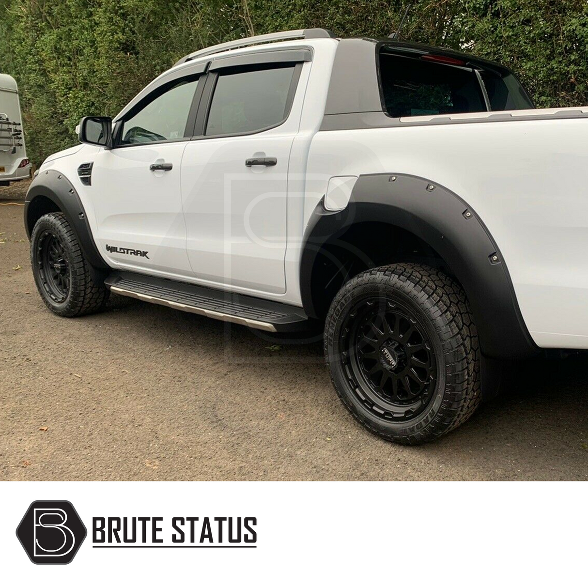 Ford Ranger 2019-2022 T8 Wide Arch Kit and 35mm Wheel Spacers shown on a white truck, emphasizing enhanced width and rugged appeal.