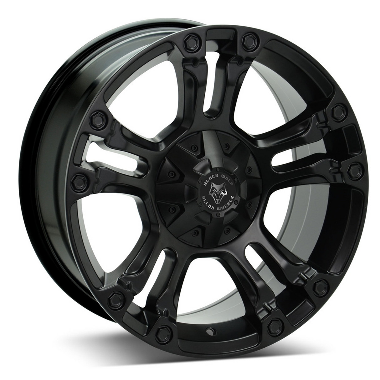 Wolfrace Brooklyn Wheels in Matt Black, featuring black rims with spokes, size 20x9, suitable for pick-up truck customization.