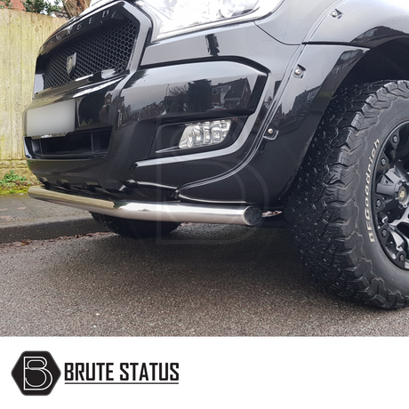 Ford Ranger 2015-2022 T7 T8 City Bar (Nudge Bar) Chrome, enhancing truck style and bumper protection, shown close-up with tire and headlight details.