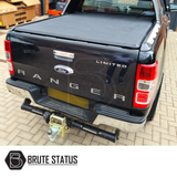 Tonneau Cover for Ford Ranger Double Cab Wildtrak Model with tri-fold design, shown on a black truck, highlighting rear sports bar compatibility and improved aerodynamics.