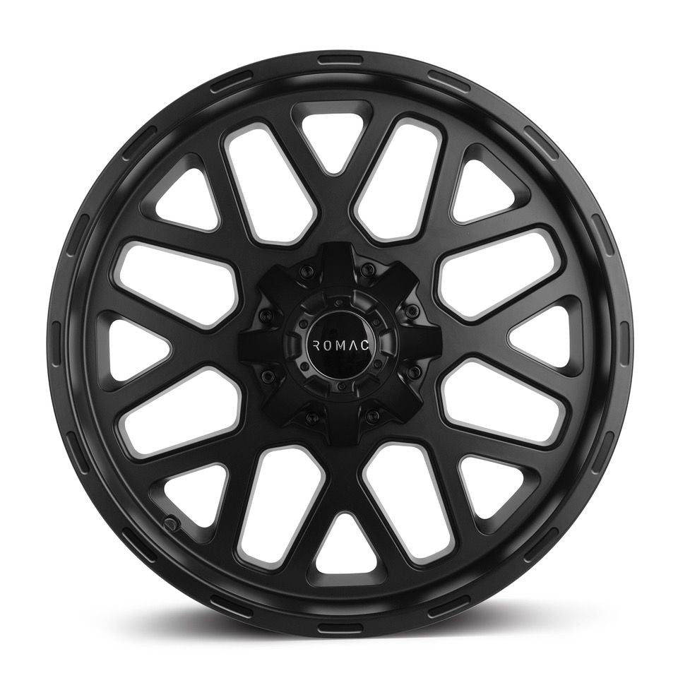 Romac Wheels Utah black rim with black spokes, close-up view. Note: Requires spacer due to brake clearance. Available in satin or gloss black finishes.