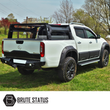 Universal S75 Tent Roll Bar on a white pickup truck, featuring matte black finish and 4 square LEDs, ideal for outdoor enthusiasts seeking style and practicality.