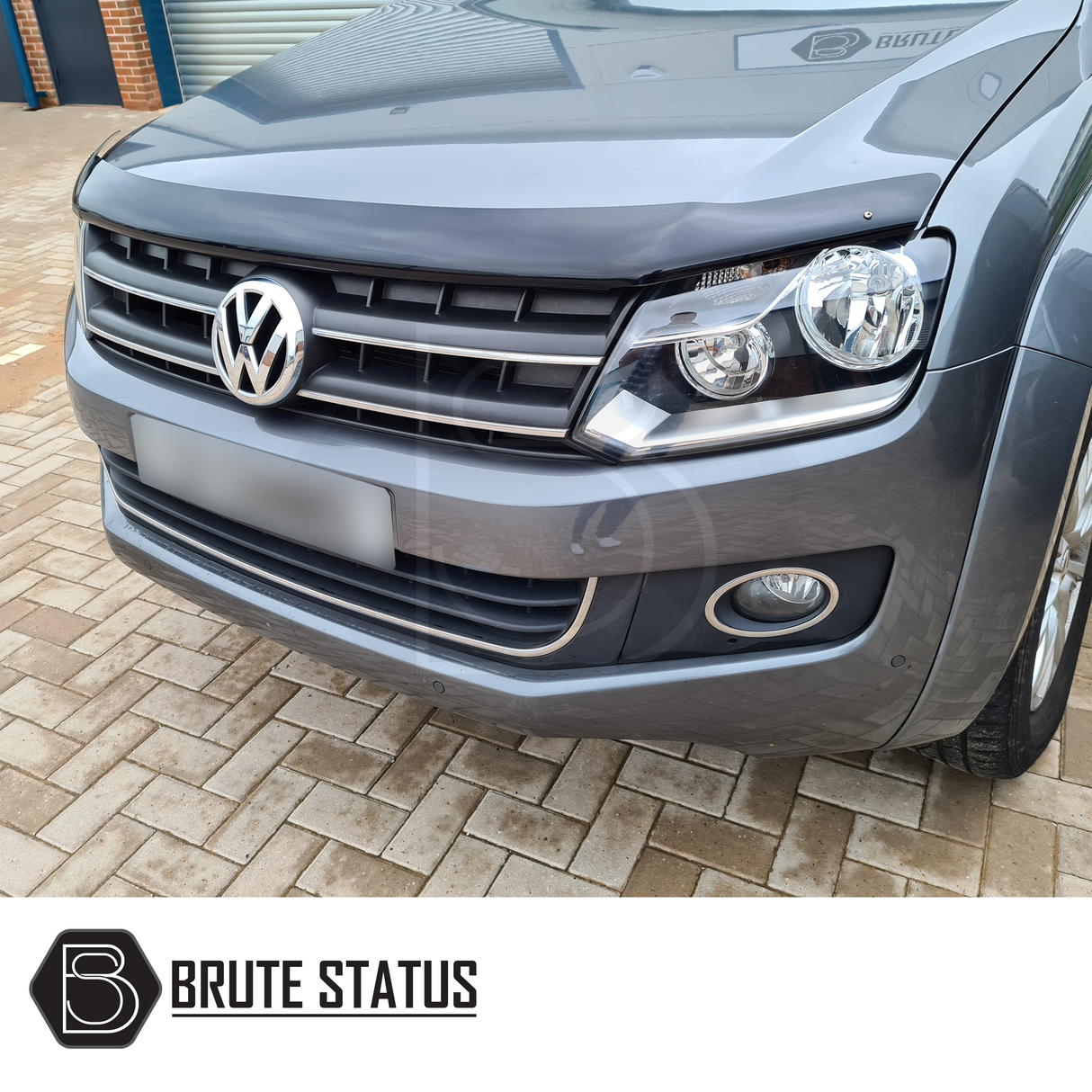 VW Amarok 2010-2022 Bonnet Guard Stone Deflector/Protector displayed on a car front, showcasing its durable acrylic design for bug and stone protection.