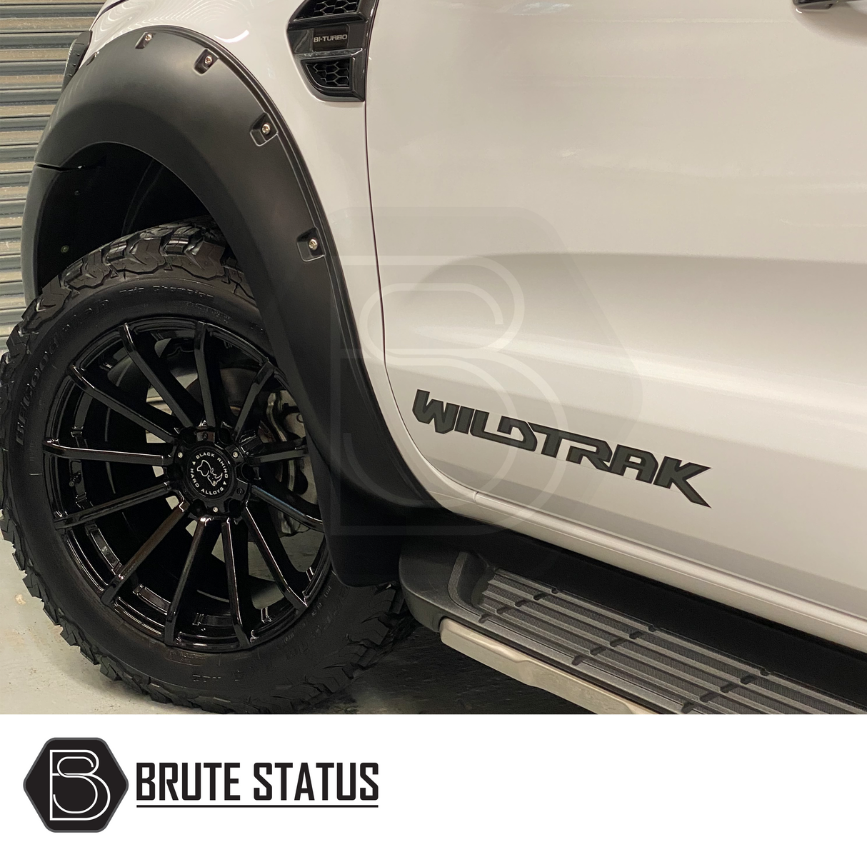 Ford Ranger 2019-2022 Wide Arch Kit and 50mm Wheel Spacers, showcasing a close-up of robust tire and wheel enhancements, enhancing vehicle's muscular appearance.