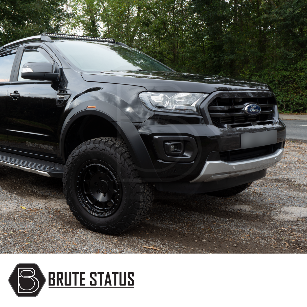 Ford Ranger 2015-2022 Wide Arch Kit (OEM Style) displayed on a black truck, showcasing its sleek ABS plastic design and easy installation features.