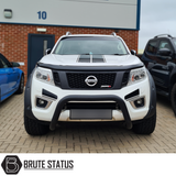 Nissan Navara NP300 2015-2022 Bull Bar (Nudge Bar) in matt black, enhancing vehicle protection and style, compatible with listed models, shown on a white car.