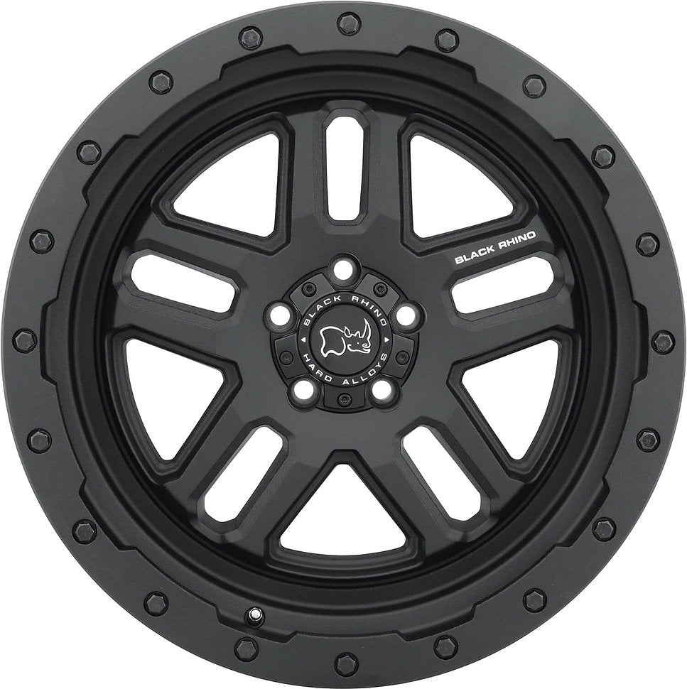 Black Rhino Wheels Barstow rim featuring white text and a rhinoceros logo, designed for pickup trucks, size 20x9.5, texture matte black finish.