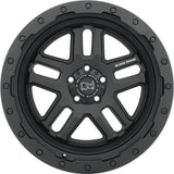 Black Rhino Wheels Barstow rim featuring white text and a rhinoceros logo, designed for pickup trucks, size 20x9.5, texture matte black finish.