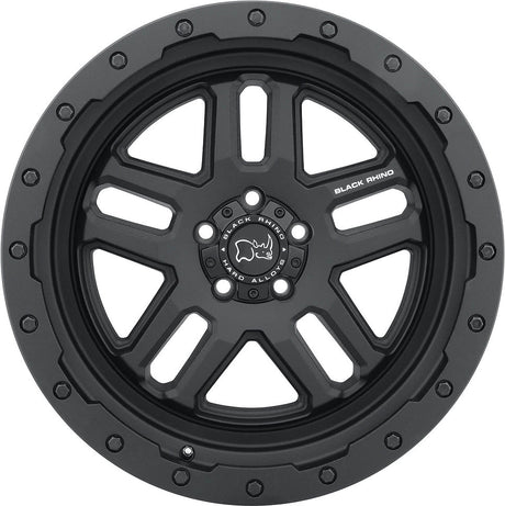 Black Rhino Wheels Barstow rim featuring white text and a rhinoceros logo, designed for pickup trucks, size 20x9.5, texture matte black finish.