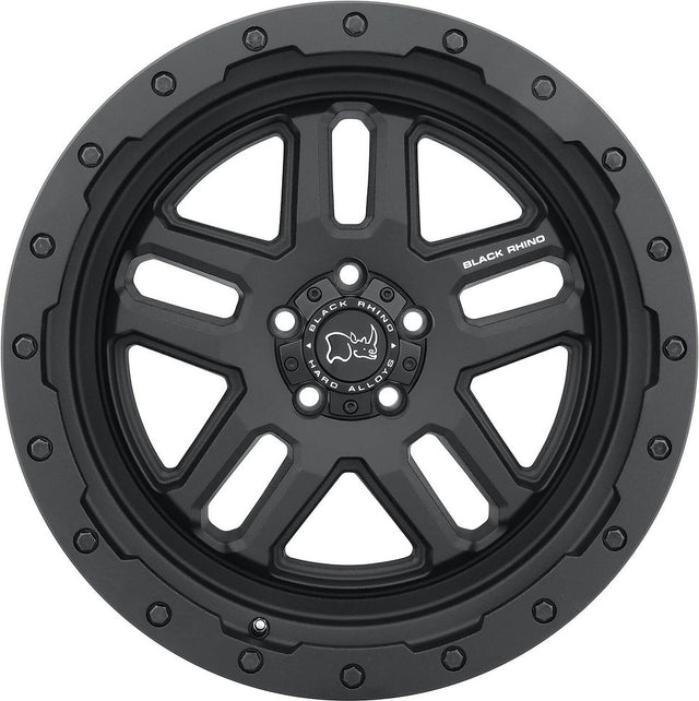 Black Rhino Wheels Barstow rim featuring white text and a rhinoceros logo, designed for pickup trucks, size 20x9.5, texture matte black finish.