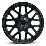 Romac Utah alloy wheel, black rim with spokes, designed for pickup trucks. Features low-pressure casting and premium finishes; requires spacers for brake clearance.