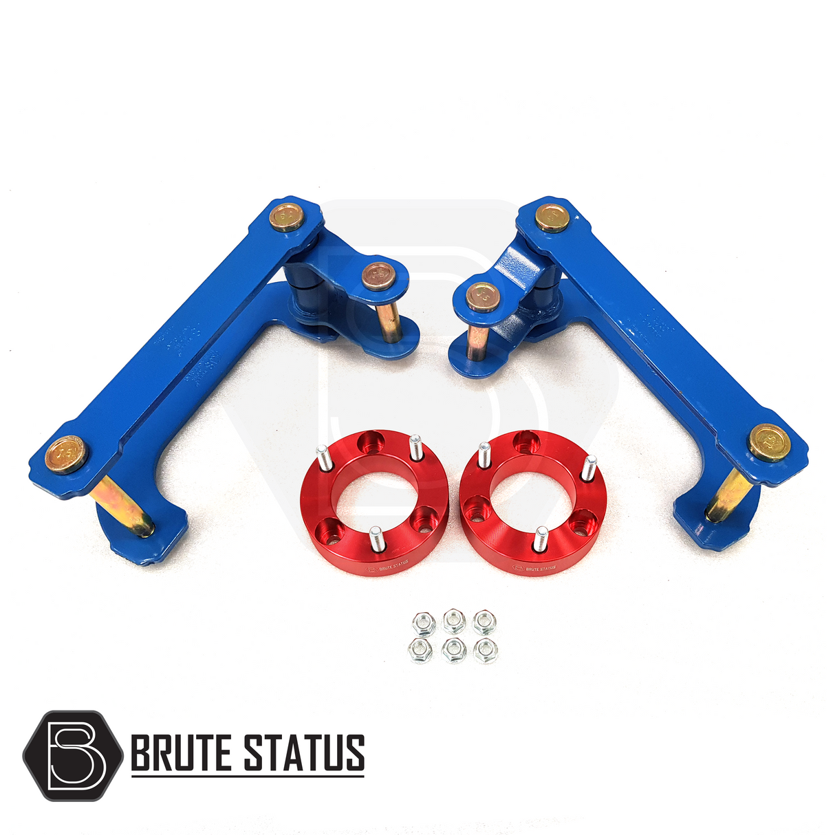 Nissan Navara D40 2005-2015 2 Lift Kit featuring blue metal shock spacers with gold bolts and red metal components, designed for enhanced truck customization.