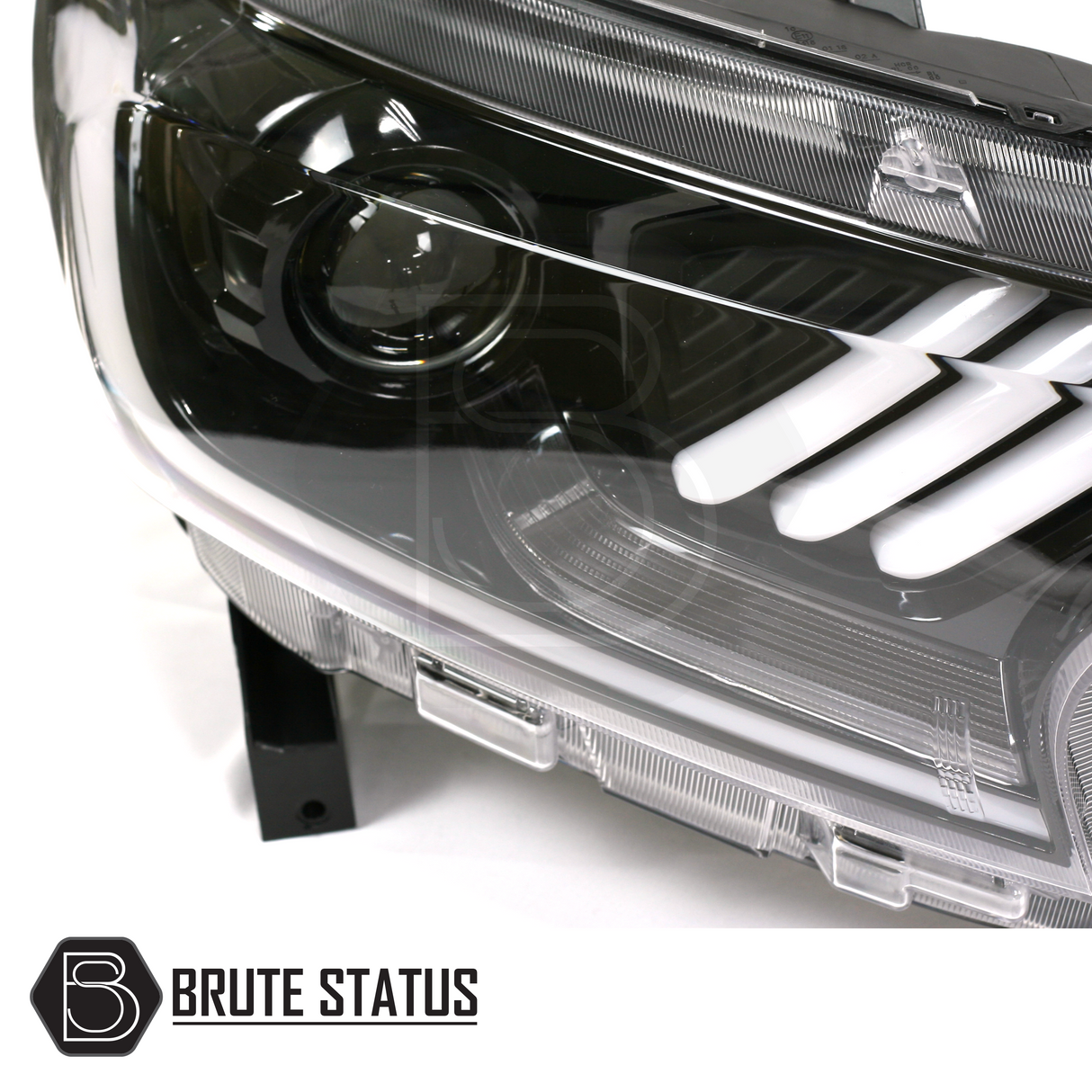 Ford Ranger 2015-2022 T7 T8 LED Mustang Style Headlights, featuring gloss black internals and dynamic indicators, close-up view of headlight design.