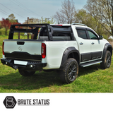 Mercedes X-Class Rear Bumper Matte Black installed on a white truck, showcasing its stylish design and durability with integrated lights, enhancing vehicle protection.