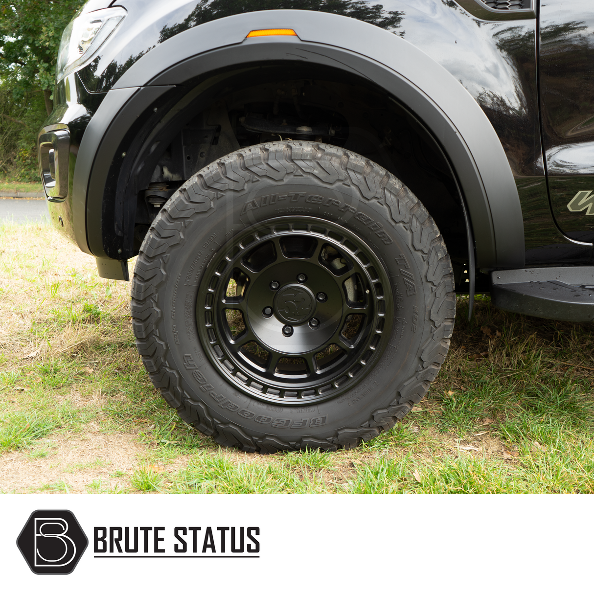 Ford Ranger 2015-2022 T7 T8 Wide Arch Kit and 35mm Wheel Spacers shown close-up, highlighting the tire and fender flares for enhanced truck aesthetics.