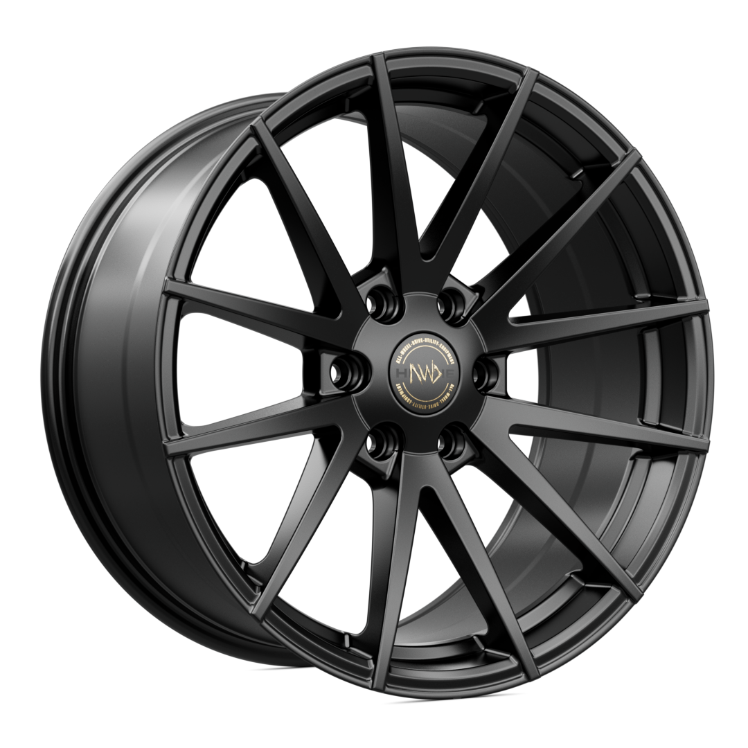 Hawke Wheels Hekla in Matt Black, featuring a sleek alloy rim design with a gold logo, ideal for enhancing pick-up truck aesthetics.