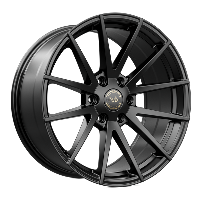 Hawke Wheels Hekla in Matt Black, featuring a sleek alloy rim design with a gold logo, ideal for enhancing pick-up truck aesthetics.