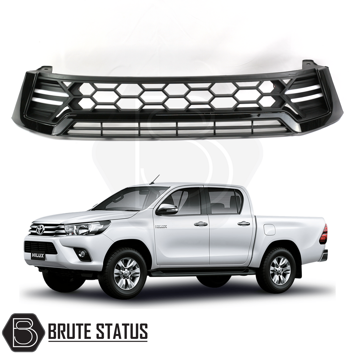 Toyota Hilux 2016-2020 Gloss Black DRL LED Grille made of ABS plastic with LED lights, fits existing points, no drilling required.