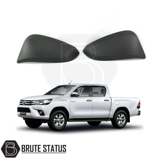 Toyota Hilux 2016-2020 matt black wing mirror covers, easy-fit with 3M adhesive, crafted from high-quality ABS plastic for aftermarket customization.