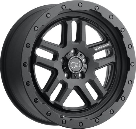 Black Rhino Wheels Barstow with black rim and spokes, showcasing a close-up of the logo, ideal for customizing pick-up trucks.