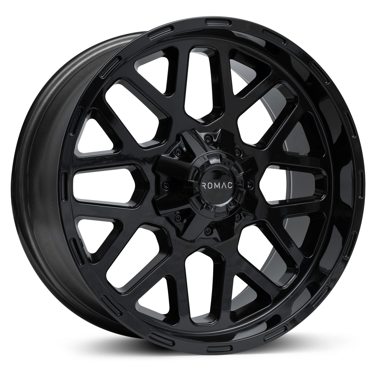 Romac Utah alloy wheel with black spokes, designed for pickups. Features low pressure casting and premium finish. Requires spacers for brake clearance.